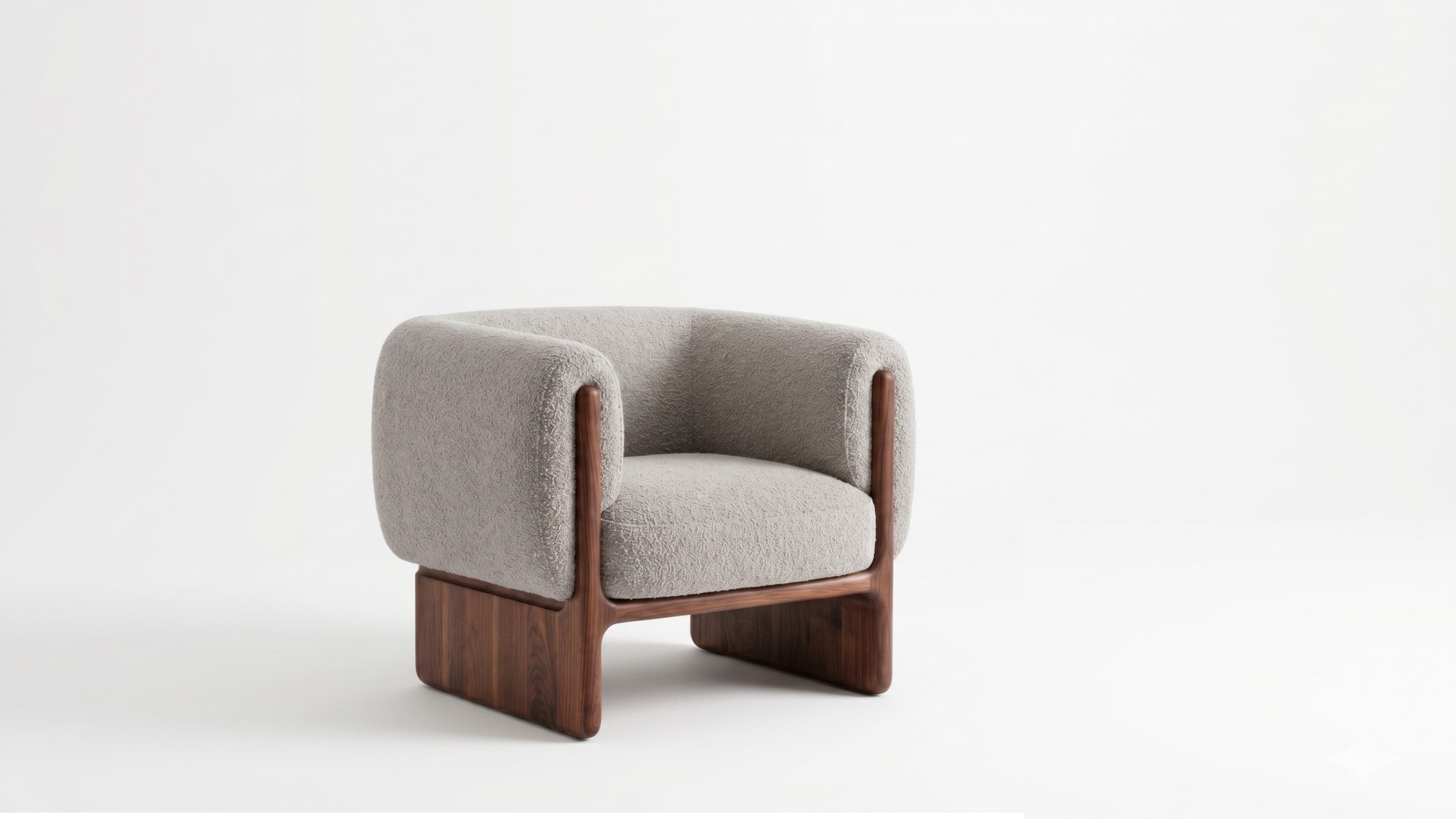 A modern armchair featuring a curved, upholstered body in light grey bouclé fabric, supported by a distinct dark walnut wooden frame that forms the base and extends upwards to encompass the arms. — 3D model