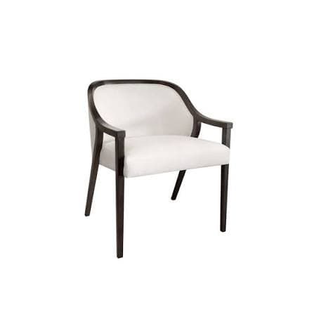 An upholstered armchair with a dark wood frame and light-colored fabric on the seat and back, featuring integrated armrests and straight legs. — 3D model