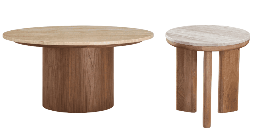 Two round tables with distinct bases. The larger table on the left has a light-colored stone top and… — 3D model