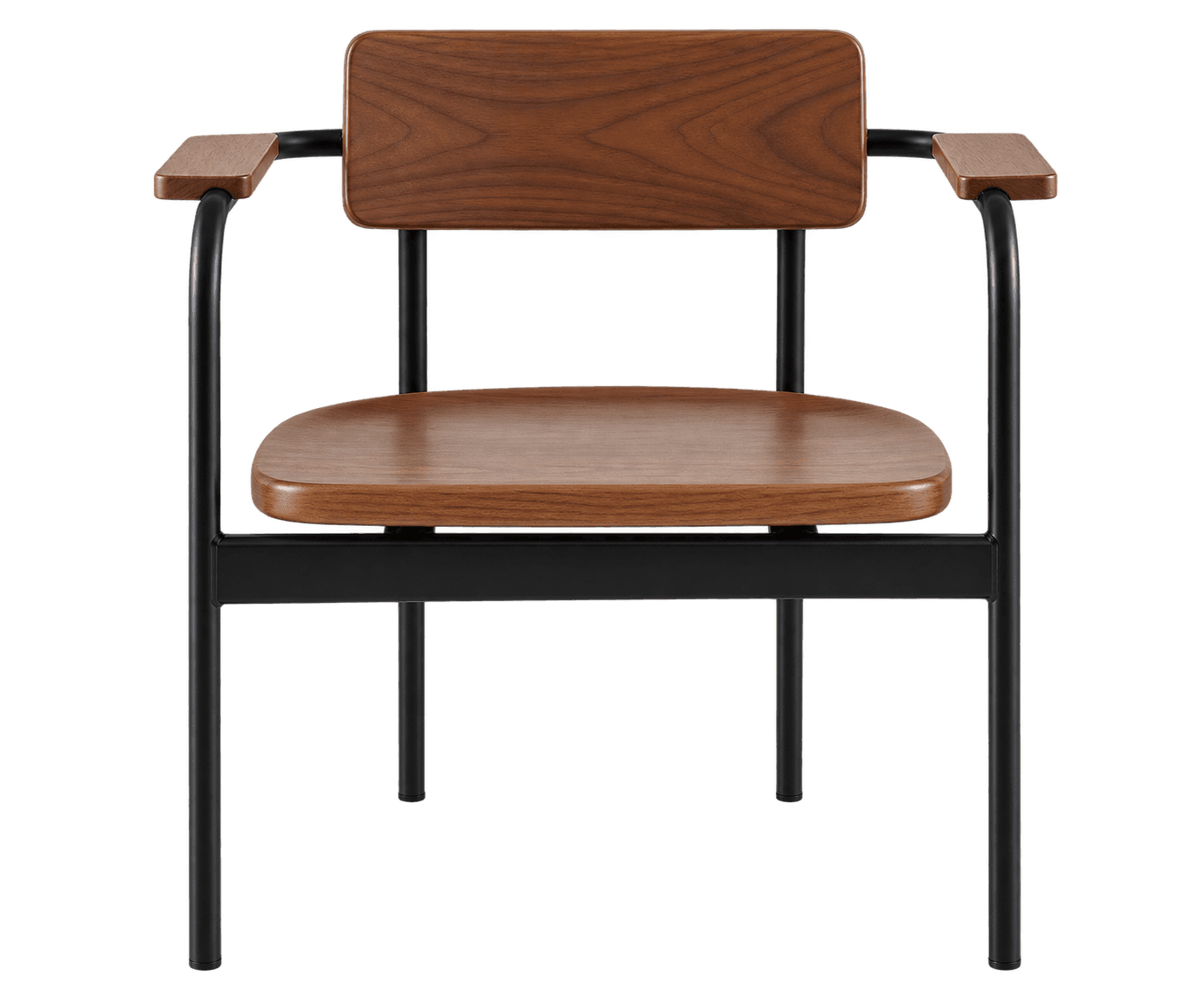 An industrial modern dining armchair featuring a black tubular metal frame and rich brown wooden com… — 3D model