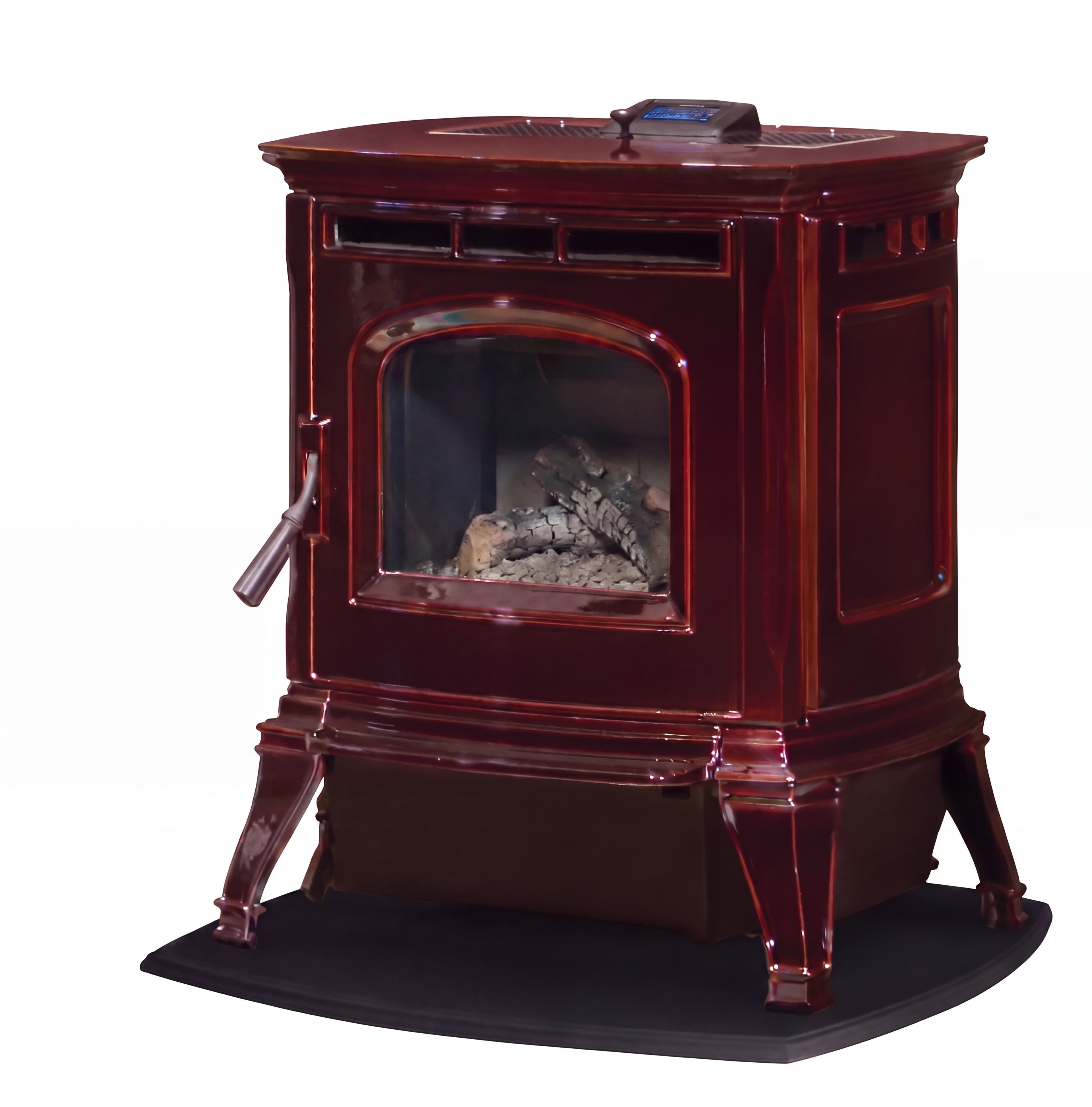 A freestanding fireplace stove, characterized by its deep reddish-brown glossy finish. It features a transparent glass door on the front, revealing a simulated log set and embers within. The stove has a rectangular body with slightly curved corners and rests on four ornate, curved legs. A small digital control panel is visible on the top surface, along with ventilation grates. The overall design evokes a classic or traditional aesthetic. — 3D model
