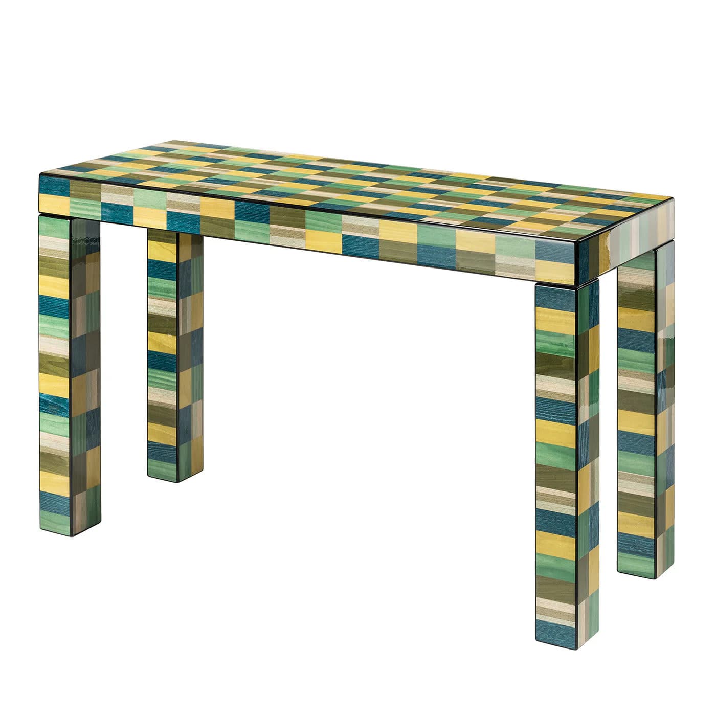 A console table with a rectangular top and four straight legs. The table is entirely covered with a mosaic of small rectangular pieces of wood in varying shades of green, yellow, and blue, creating a checkerboard-like pattern. The edges of the tabletop and legs appear to be finished with a dark, reflective material, possibly polished metal or dark wood. — 3D model