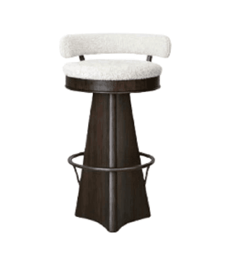 A contemporary bar stool featuring a rounded, bouclé upholstered seat and backrest, supported by a flared, dark-stained solid wood pedestal base with an integrated circular metal footrest. — 3D model
