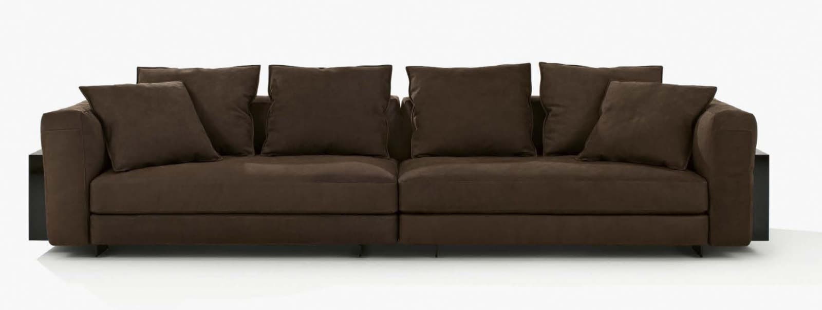 A modular sofa with a deep seat and plush cushions, upholstered in a dark brown fabric. The design features clean lines and integrated side tables. — 3D model