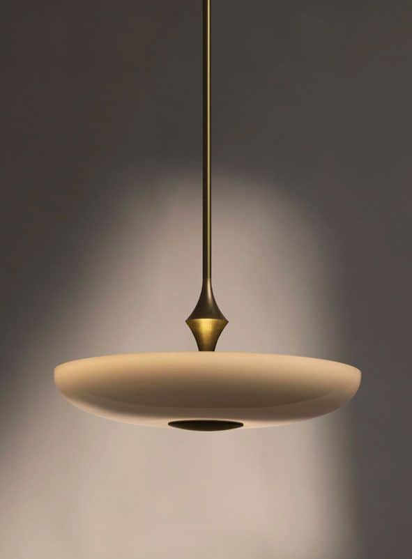 A modern pendant light featuring a flat, circular, frosted off-white disc diffuser suspended by a sl… — 3D model