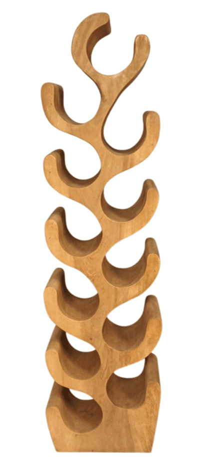 A tall, freestanding wine rack constructed from light-toned wood, featuring an organic, wave-like design. It is composed of multiple curved segments that interlock to create individual cradles for wine bottles, oriented horizontally. The design allows bottles to be stored on both sides of the central vertical axis, with smooth, rounded edges throughout. — 3D model
