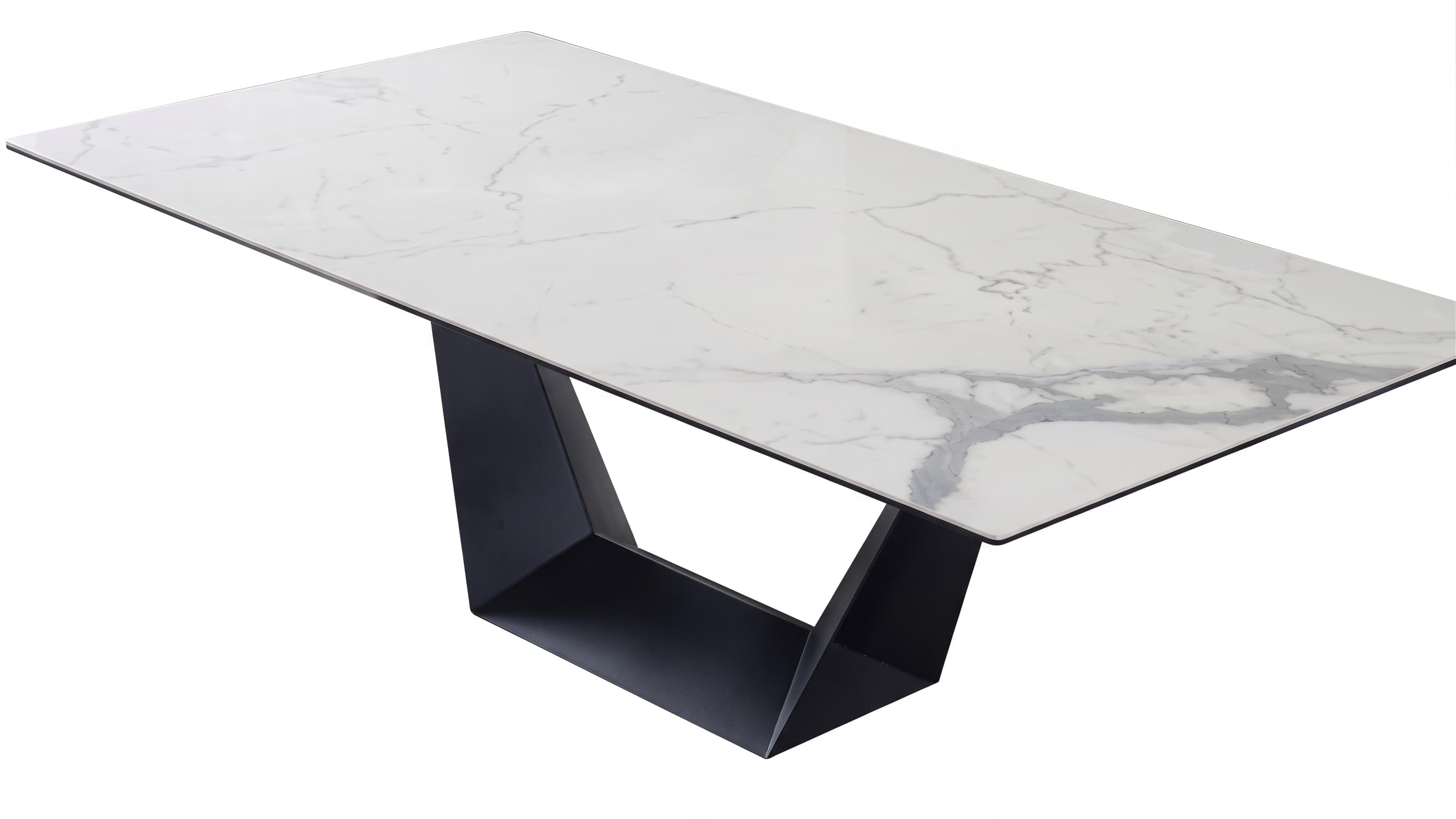 A modern rectangular dining table featuring a white top with grey marble-effect veining, supported by a distinctive black geometric metal base. — 3D model