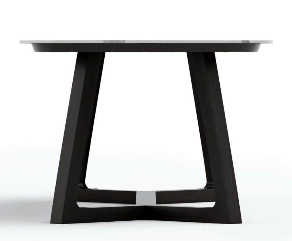 A modern dining table with a rectangular top and a dark wood base. The base features two angled legs… — free GLB 3D model