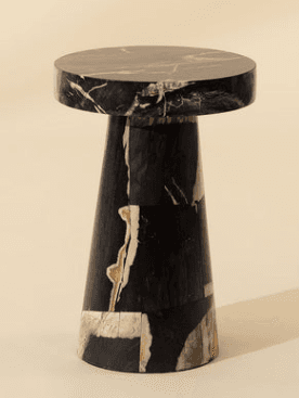 A striking pedestal accent table crafted from petrified wood, featuring a cylindrical top resting on a sturdy conical base. The material displays natural variations of black, cream, and brown, with intricate patterns characteristic of fossilized wood, providing a unique and organic aesthetic. The smooth, polished surfaces highlight the inherent beauty and texture of the petrified wood. — 3D model