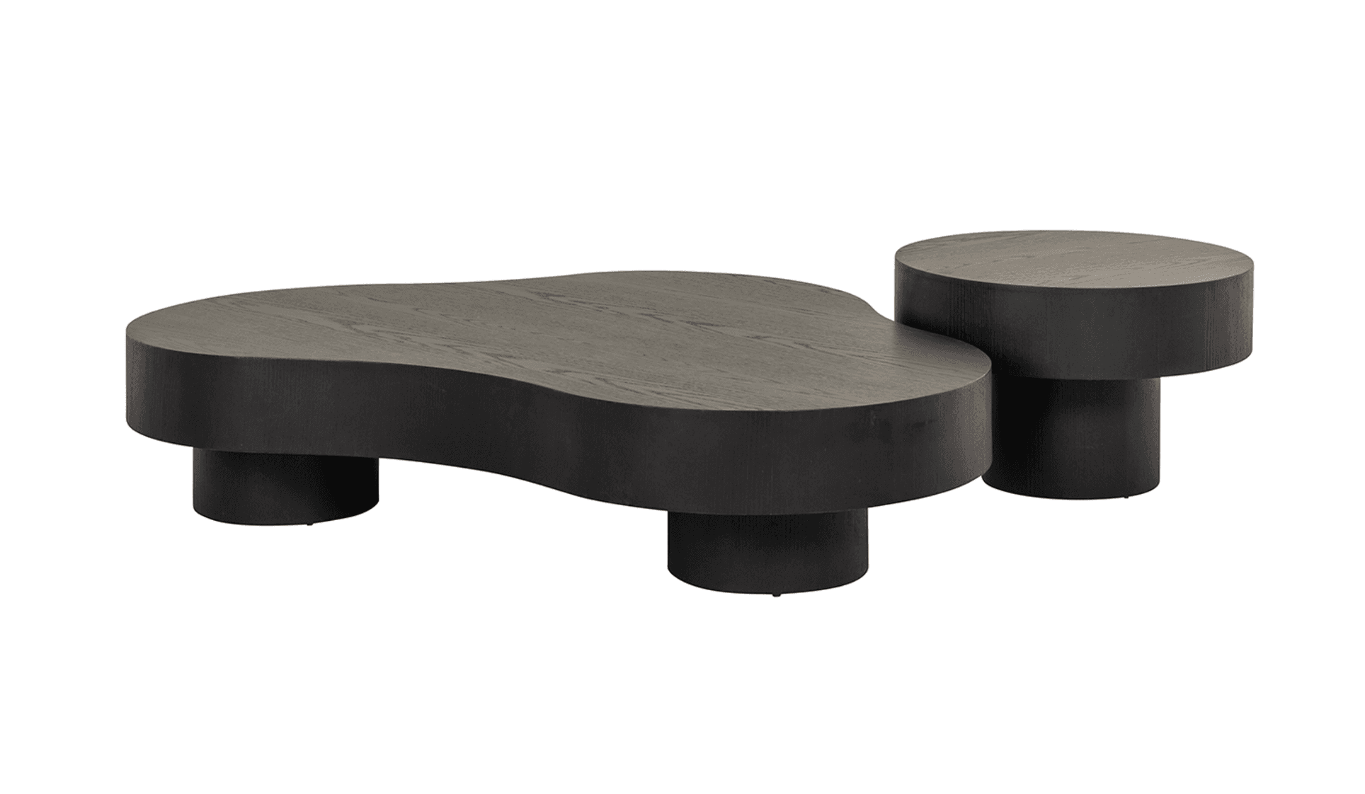 A modern, organic-shaped coffee table set comprised of two pieces. The larger piece features an irregular, biomorphic top with rounded edges, supported by two cylindrical legs. The smaller piece is a cylindrical table with a flat top and a single cylindrical base. Both pieces share a dark, wood-grain finish and a low profile. — 3D model