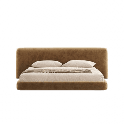 A modern bed frame with an upholstered headboard and frame, featuring a low profile. The bed is dres… — free OBJ 3D model