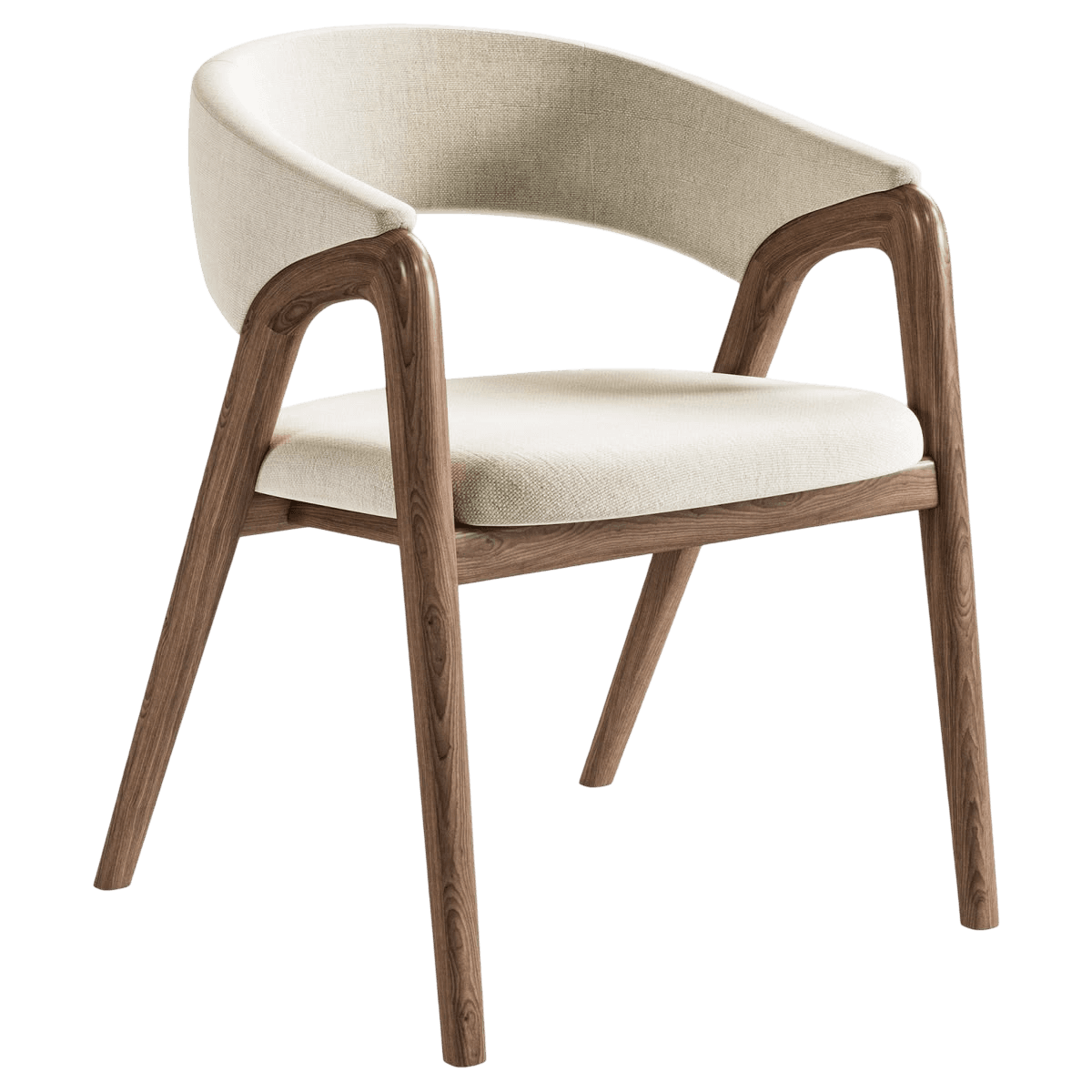 A modern armchair featuring a curved, fully upholstered backrest that flows into integrated armrests. The seat is also upholstered, and the entire structure is supported by a visible wooden frame and four tapered wooden legs. — 3D model