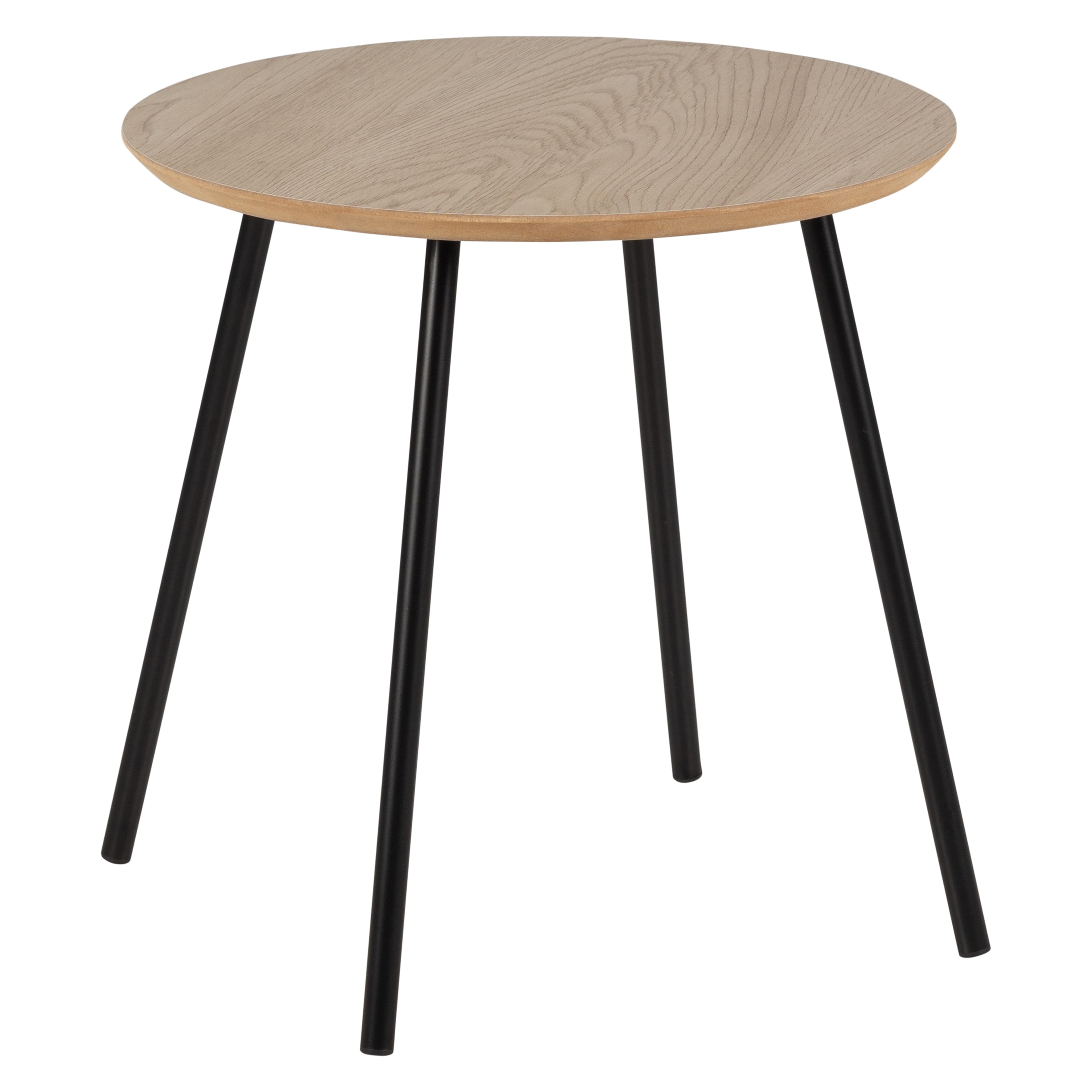 A minimalist round accent table featuring a light wood grain top with a visible plywood edge, supported by four slender, splayed black metal legs. — 3D model