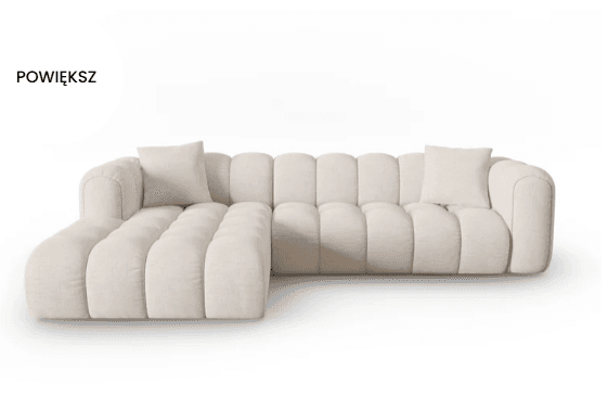 A modular sectional sofa with a chaise lounge extension. The sofa features a tufted design with vertical channels across the seat, back, and armrests. It includes two square throw pillows. The overall aesthetic is contemporary and plush. — 3D model