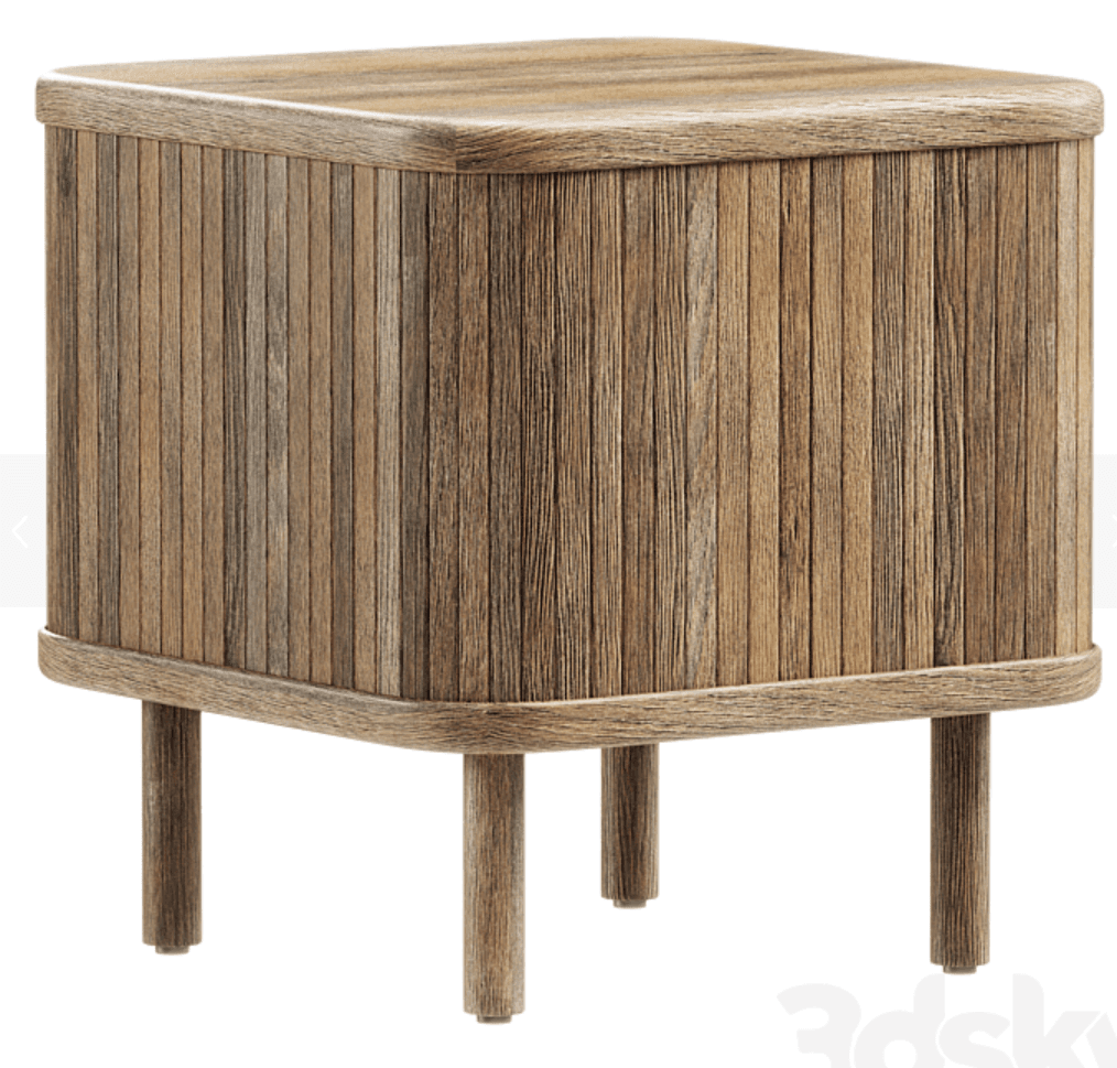 A compact, square-shaped piece of furniture constructed from light-colored wood. The body features a distinctive reeded or slatted texture with vertical wood strips. It has a flat top with gently rounded corners and is supported by four short, cylindrical wooden legs. — 3D model