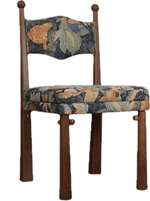 A wooden dining chair featuring a dark stained frame and vibrant, multicolored floral upholstery on… — 3D model