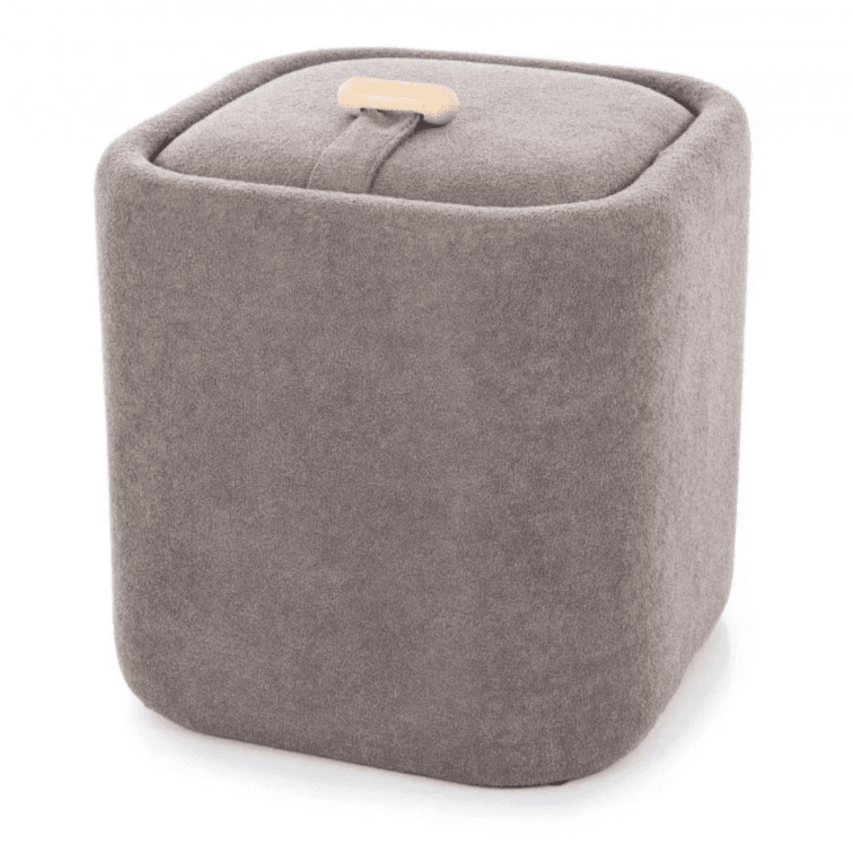 A square, upholstered storage ottoman featuring a removable lid with a fabric loop and a small woode… — free OBJ 3D model