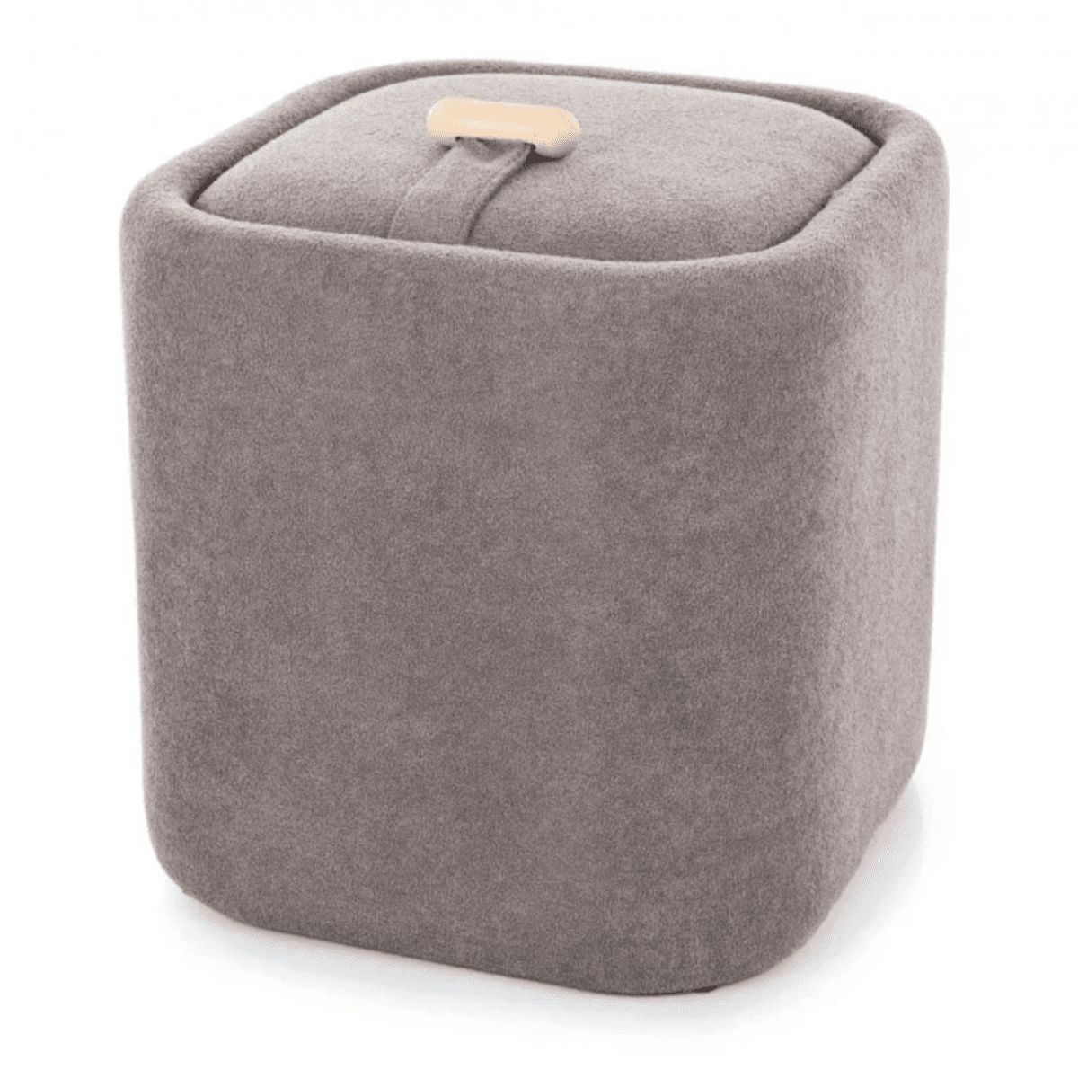A square, upholstered storage ottoman featuring a removable lid with a fabric loop and a small wooden pull handle. The item is covered in a uniform gray fabric and exhibits soft, rounded corners on its cuboid form. — 3D model