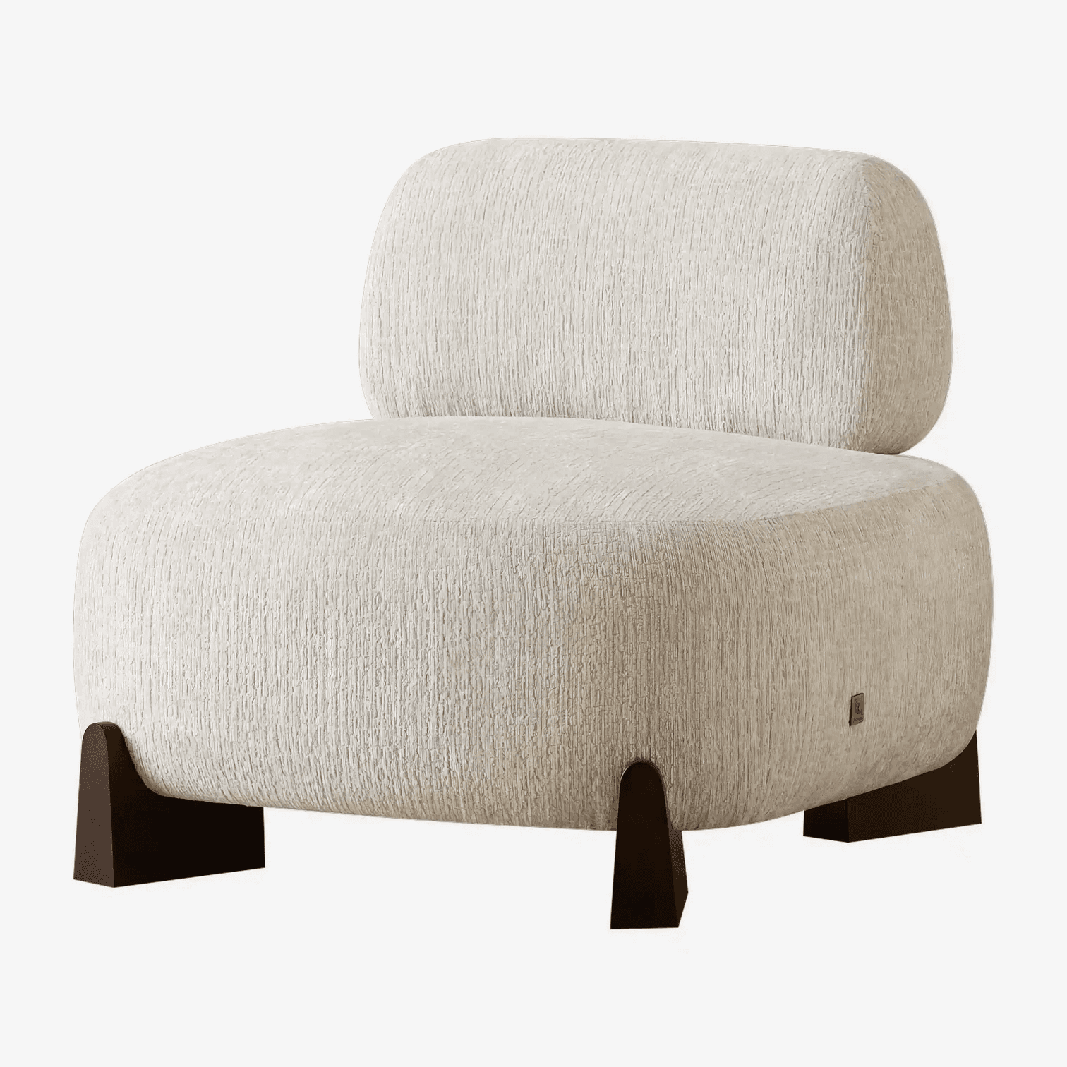 A contemporary armchair with a rounded, organic form. It features a plush, textured upholstery and a low profile supported by dark, angular legs. — 3D model