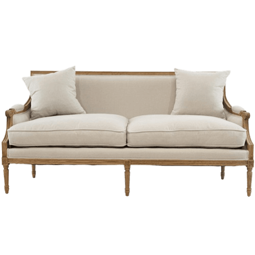 A French Provincial style loveseat featuring an exposed light-toned wooden frame with carved details and neutral-colored fabric upholstery. It has two seat cushions and two back pillows. — 3D model