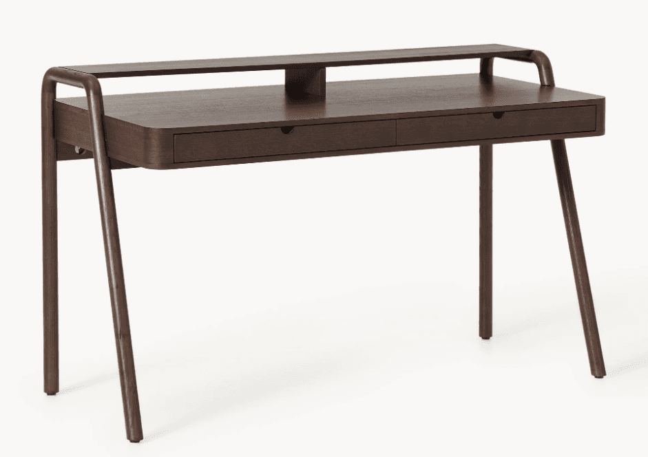 A minimalist dark brown wooden writing desk featuring a main work surface, two integrated drawers, a… — 3D model