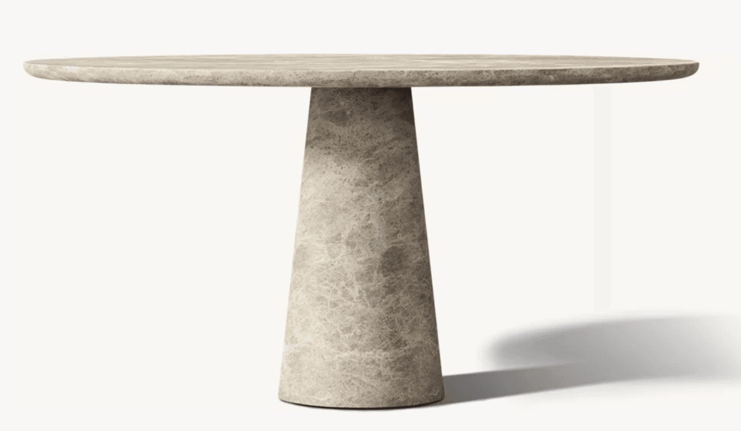 A contemporary round table featuring a monolithic design crafted entirely from a single material, likely natural stone. It has a circular tabletop supported by a single, solid, conical pedestal base, creating a sleek and stable structure. — 3D model