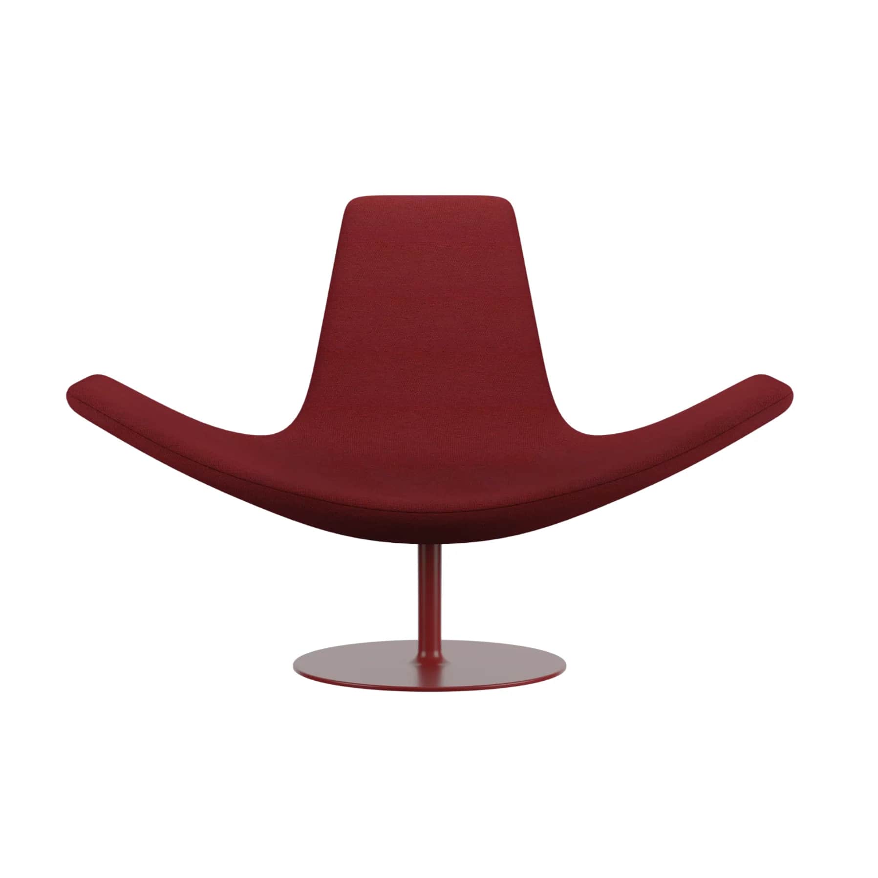A modern, dark red upholstered lounge chair with a distinctive ergonomic form and a matching pedesta… — 3D model