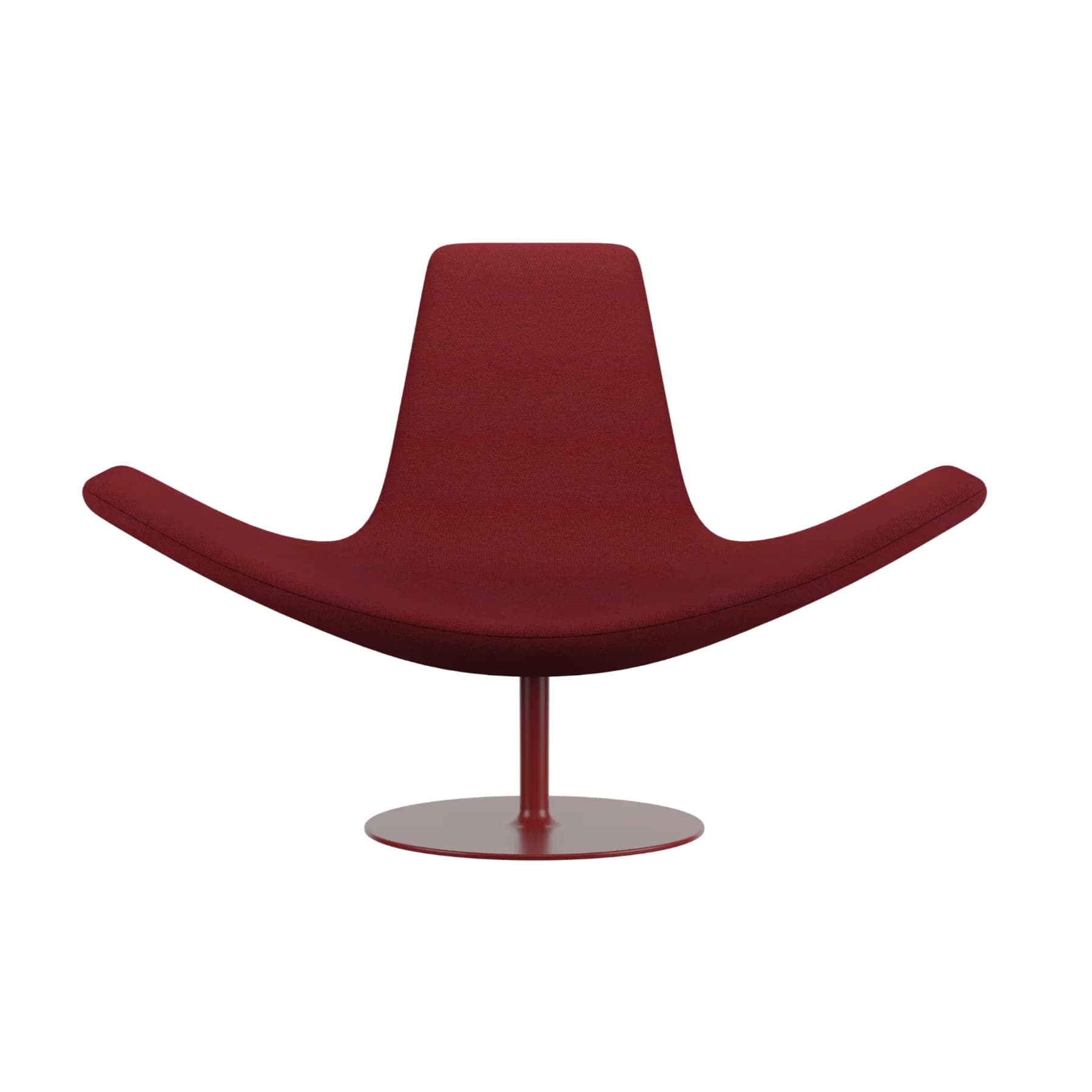 A modern, dark red upholstered lounge chair with a distinctive ergonomic form and a matching pedestal swivel base. — 3D model