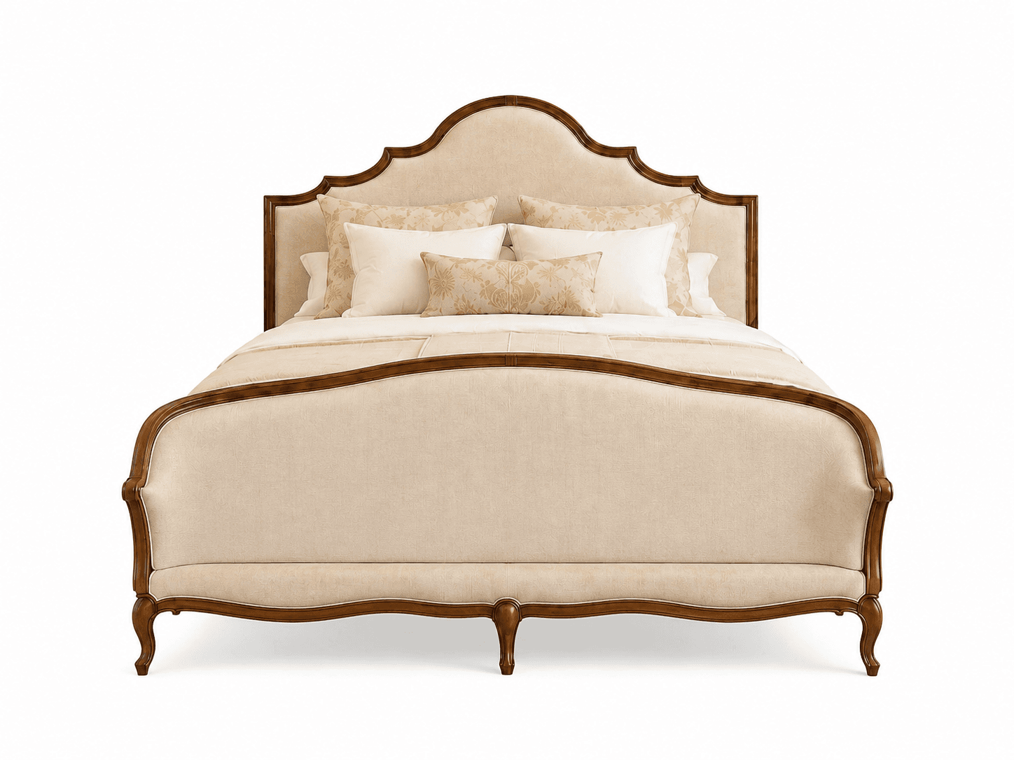 A French Provincial style upholstered panel bed featuring a scalloped headboard and a curved footboard, both framed by exposed dark-stained carved wood, upholstered in a light, neutral fabric, and supported by cabriole legs. — 3D model