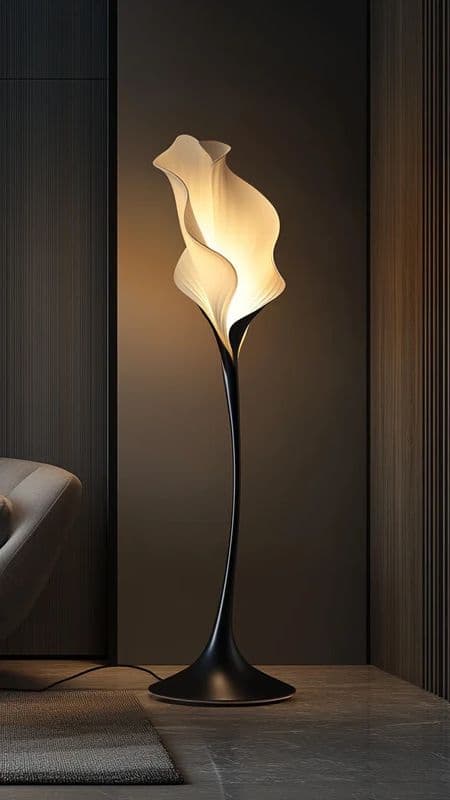A tall, elegant floor lamp featuring a sculptural, biomorphic design. The top portion consists of a translucent white shade resembling a calla lily, which emits a soft, upward glow. This shade is supported by a slender, dark, tapering stem that curves gracefully. The lamp is anchored by a weighted, round, dark base, detailed with a thin copper-colored rim at its bottom edge. — 3D model