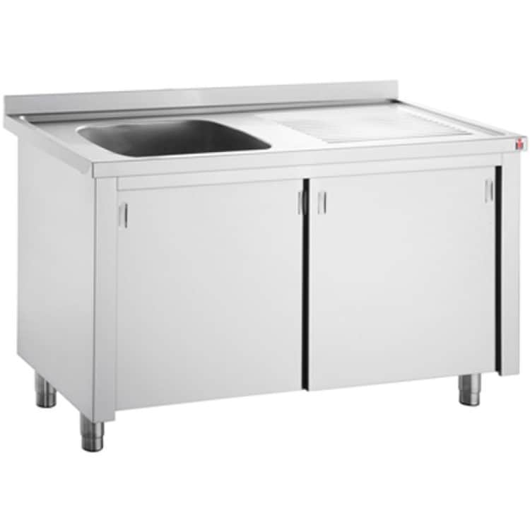 A stainless steel commercial sink cabinet featuring a single deep basin and an integrated ribbed dra… — 3D model