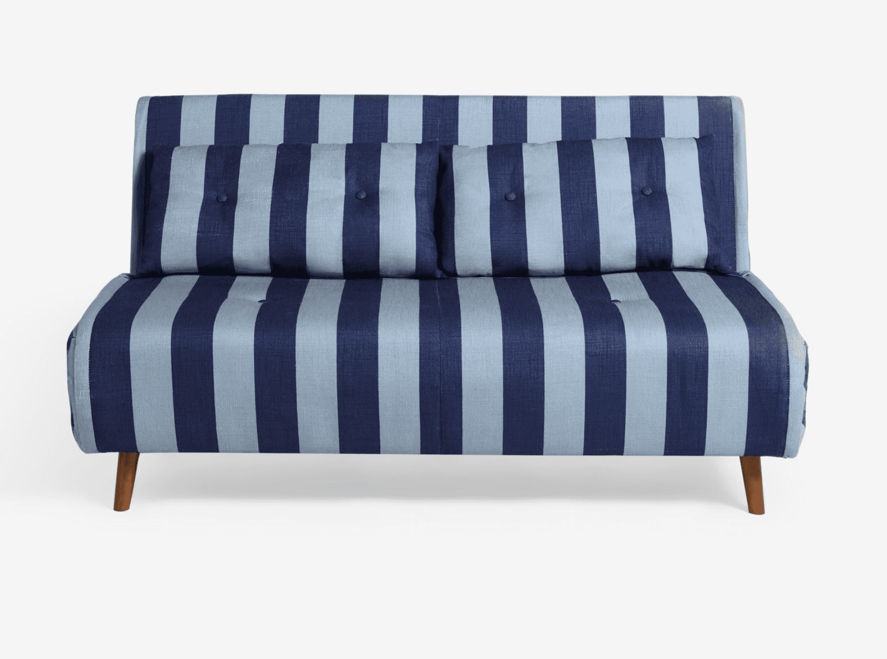 A two-seater sofa upholstered in a striped fabric featuring alternating bands of dark blue and light… — free OBJ 3D model