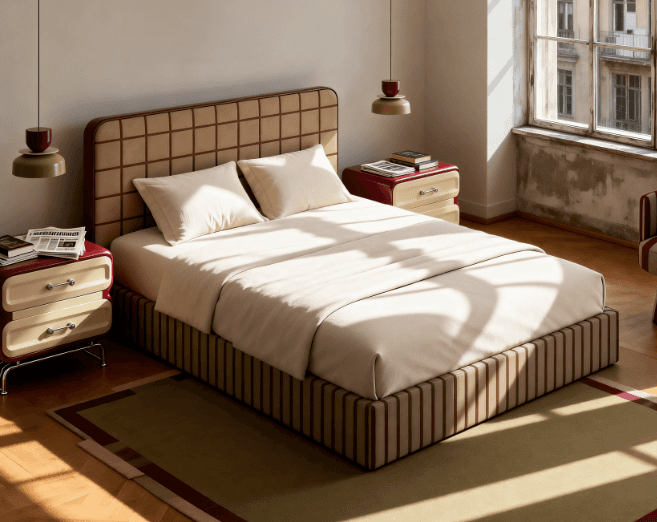 A modern upholstered bed frame with a distinctively patterned headboard and base. The headboard feat… — free OBJ 3D model