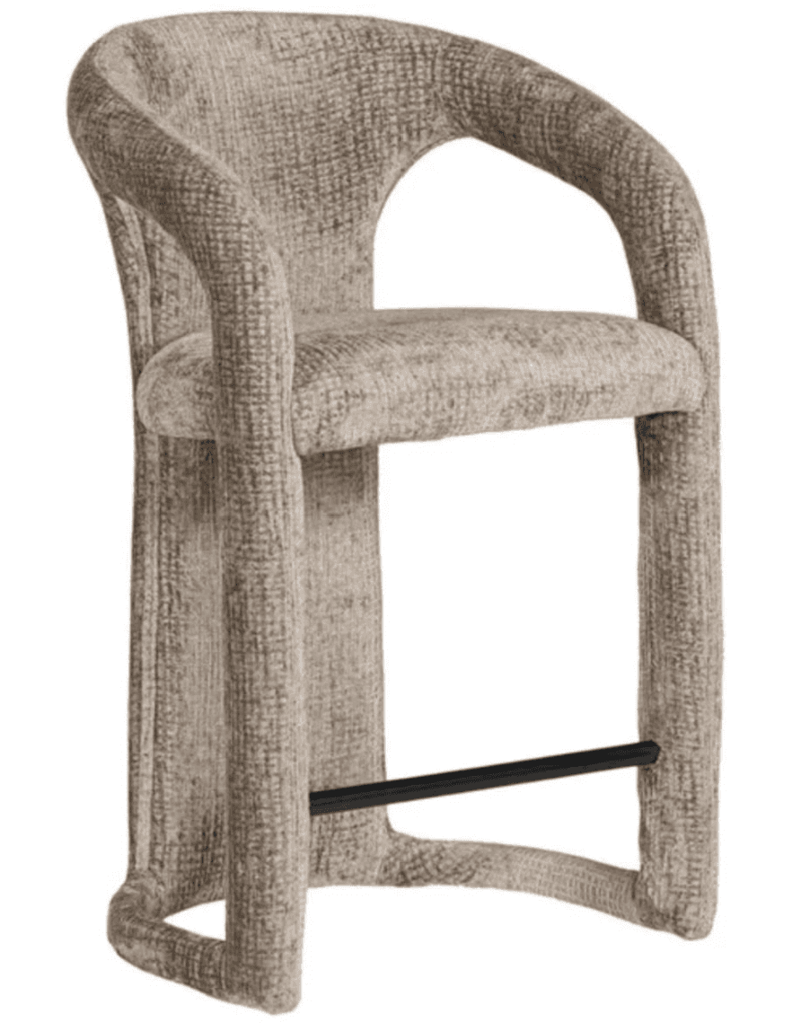 A contemporary armed bar stool featuring a fully upholstered frame in a textured beige fabric, chara… — 3D model