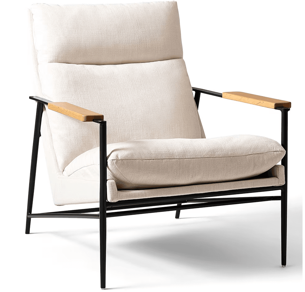 A modern armchair with a high back, featuring a black metal frame and light-colored fabric upholstery. The armrests are accentuated with natural wood panels. The chair has a sleek, minimalist design. — 3D model