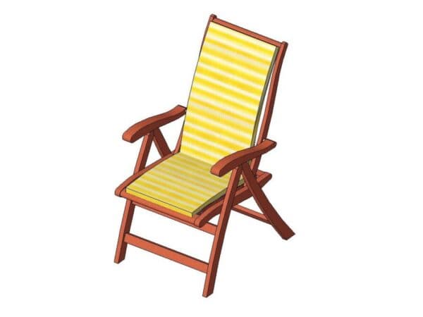 An illustrated image of a folding lounge chair with a light brown wooden frame and armrests. The seat and backrest are upholstered in a yellow and white striped fabric, stretched tautly across the frame. The chair's design suggests a portable and reclined seating option. — 3D model