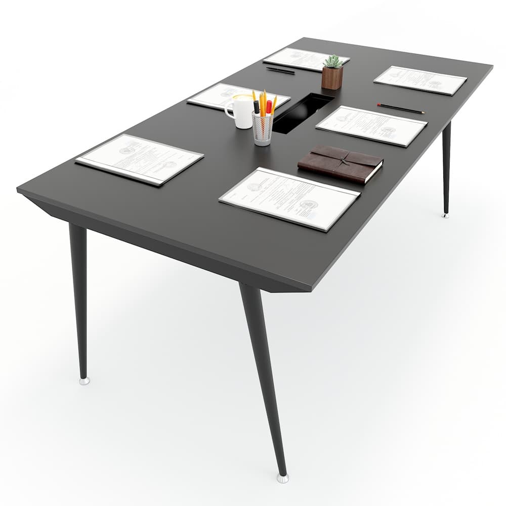 A sleek, contemporary rectangular conference table featuring a dark charcoal gray top and slender, tapered legs. The tabletop includes a central rectangular cutout for cable management or integrated power modules. — 3D model