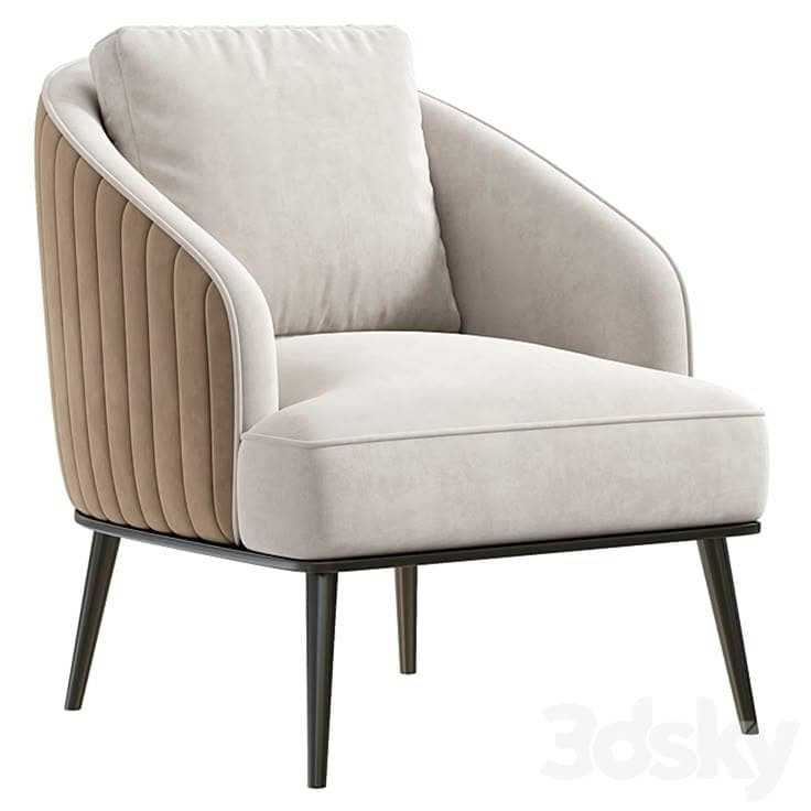 A modern upholstered armchair featuring a rounded silhouette and a two-tone design. The main body and seat are upholstered in a light, neutral fabric (likely velvet or a similar soft textile), while the exterior back is finished in a contrasting taupe or brown fabric with vertical channel tufting. It includes a loose back cushion and a fixed seat cushion. The chair rests on a minimalist dark metal frame with four slender, tapered legs. — 3D model