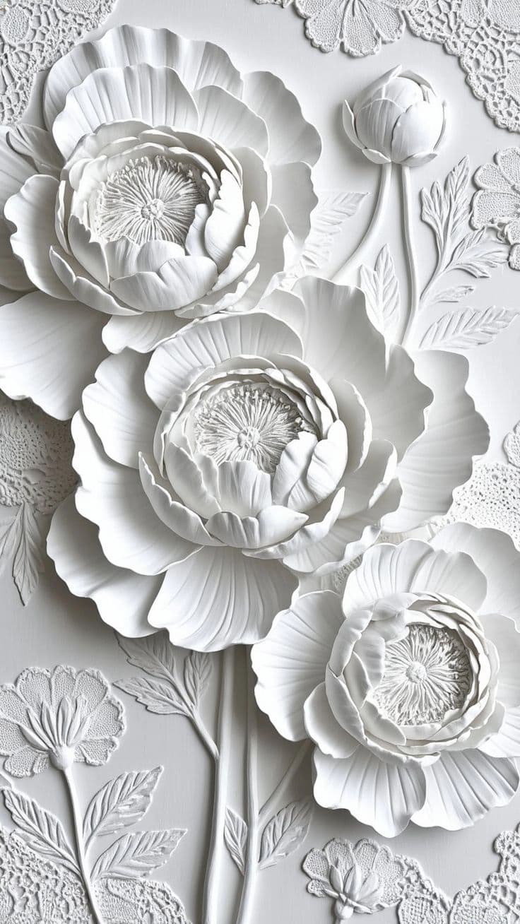 A three-dimensional white ceramic or plaster sculpture resembling a large, layered flower, designed for wall mounting. — 3D model