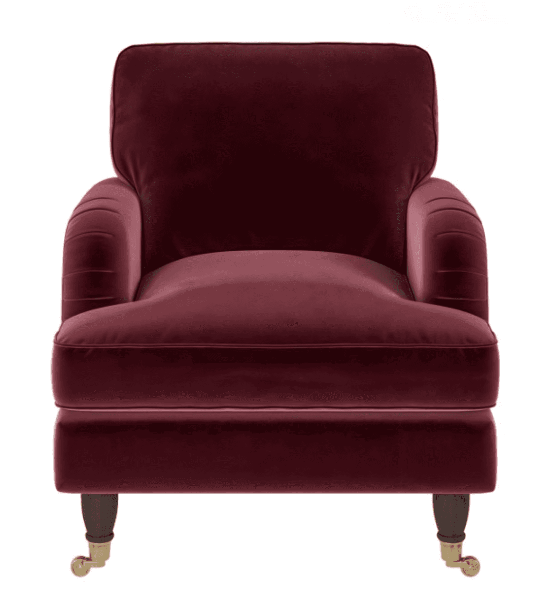 A deep red, velvet upholstered armchair featuring rolled arms with subtle pleating, a plush seat cus… — free BLEND 3D model