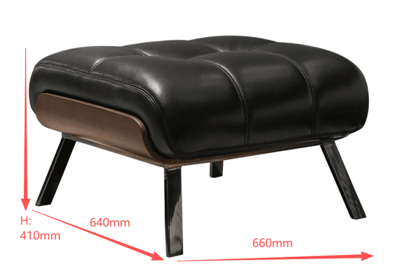 A contemporary ottoman featuring black leather upholstery with buttonless tufting, supported by a dark wood base panel and four angled, black metal legs. — 3D model