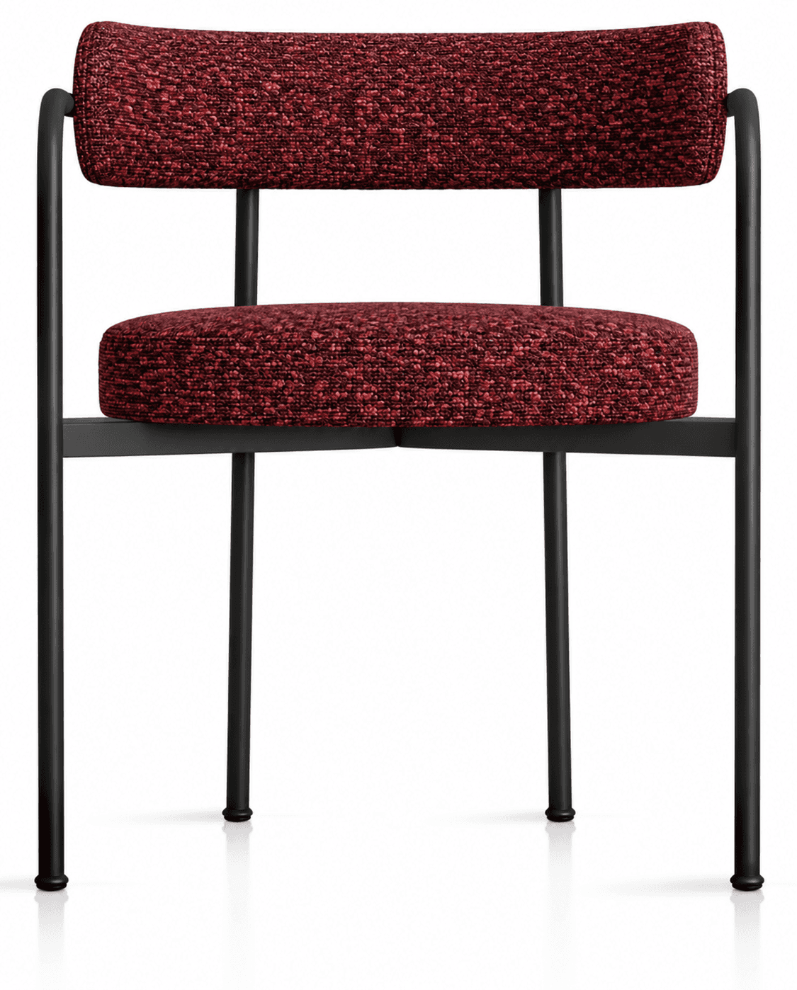 A modern armchair featuring a minimalist black metal frame with a distinct textured red upholstered… — 3D model