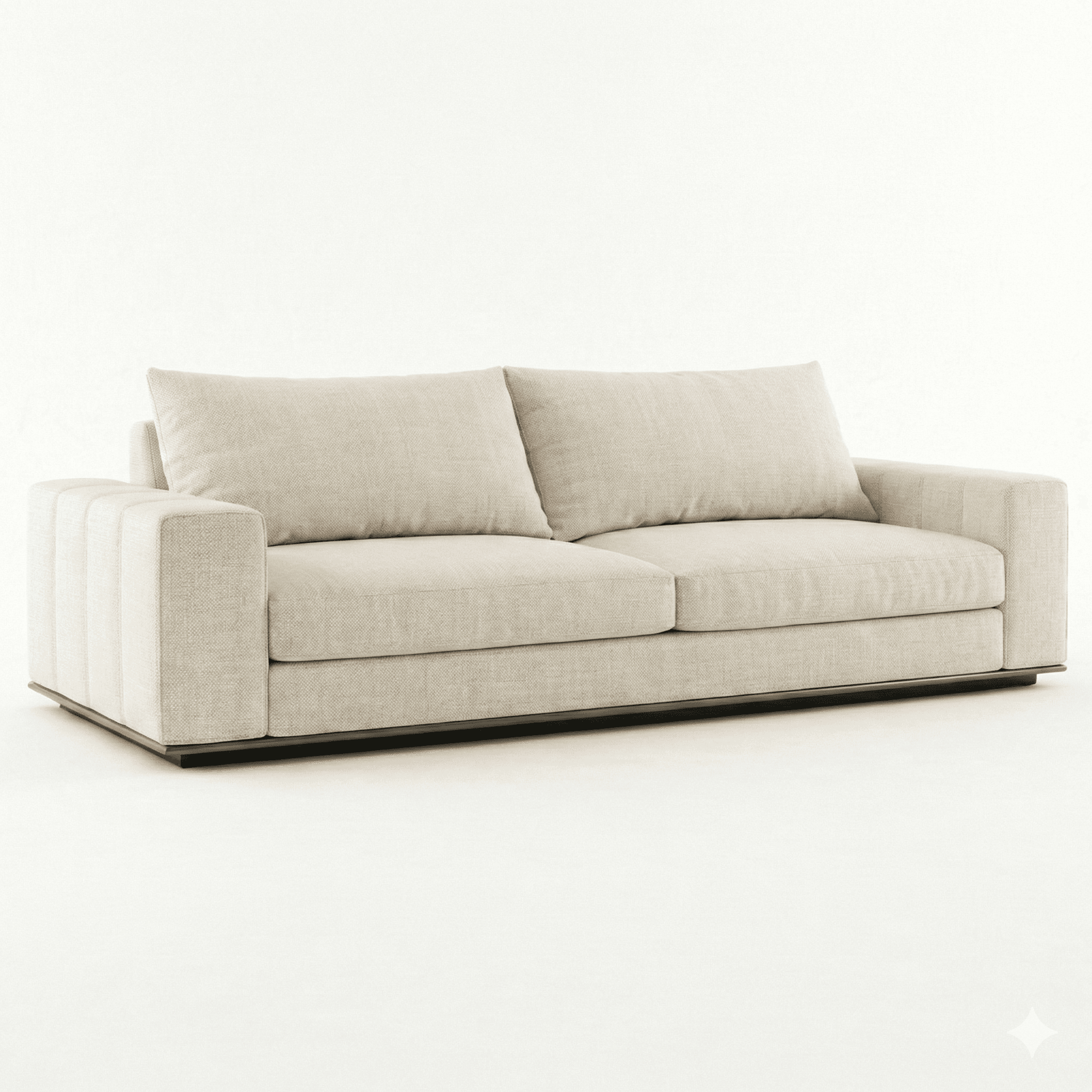 A contemporary two-seater sofa upholstered in a light beige textured fabric, featuring wide, square arms with vertical channel tufting on the exterior, and resting on a low, recessed dark plinth base. It includes two plush seat cushions and two soft back cushions. — 3D model