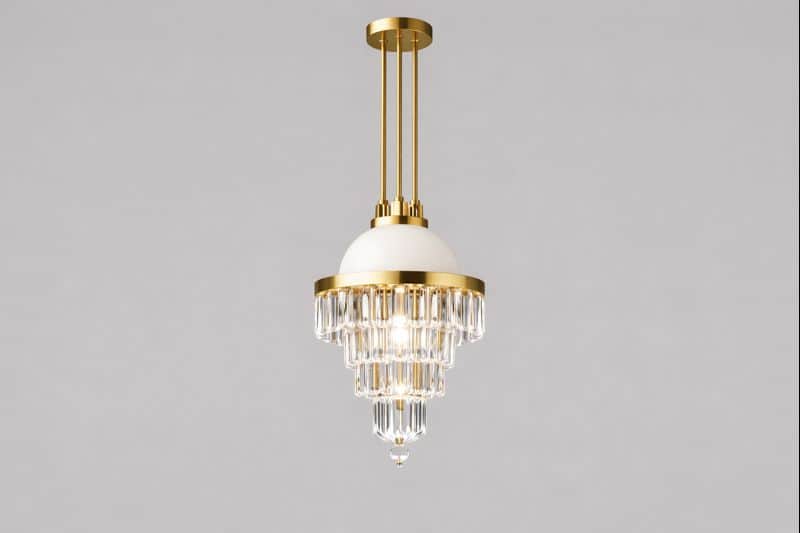 A tiered chandelier with a brass finish and glass accents. The fixture features a white dome-shaped… — 3D model