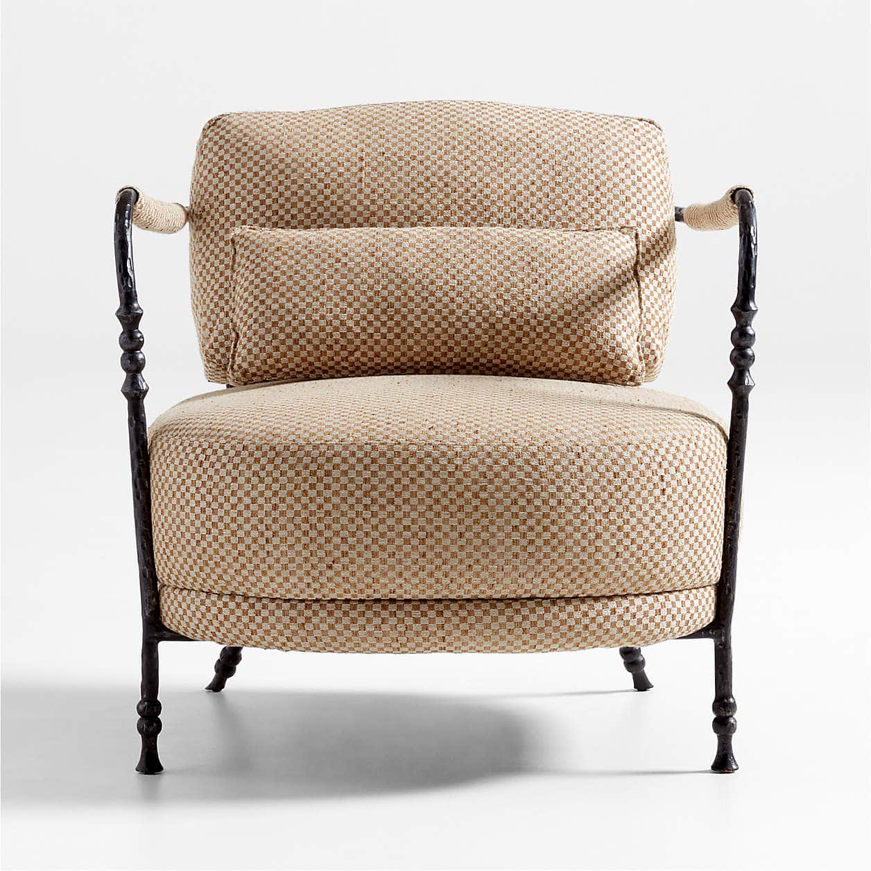 A comfortable lounge chair featuring a dark, textured forged iron frame with decorative baluster-lik… — 3D model