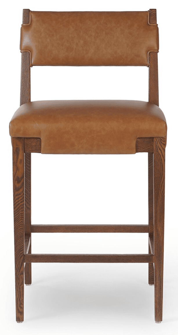 A bar stool featuring a sturdy dark oak wood frame and a brown leather upholstered seat and backrest. The backrest and seat are integrated into the frame with distinctive wrap-around detailing of the leather around the wood. It has two horizontal footrests and visible wood grain. — 3D model