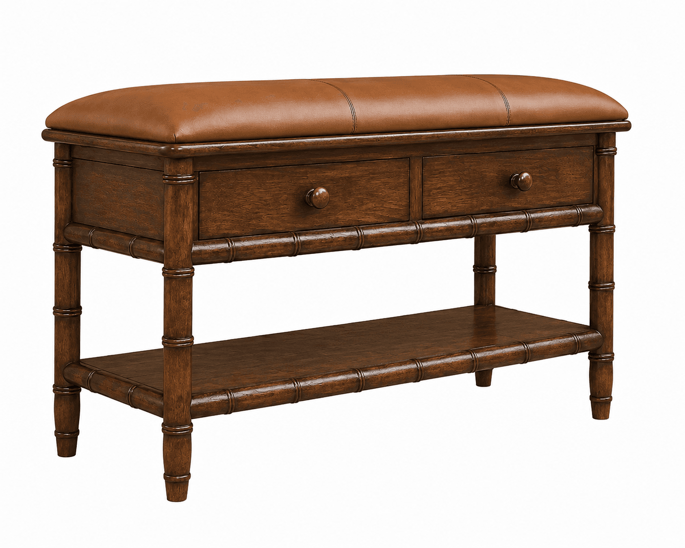 A dark wood bench with a rectangular brown upholstered top, two small drawers, and a lower slatted shelf. The frame features decorative bamboo-style turning. — 3D model