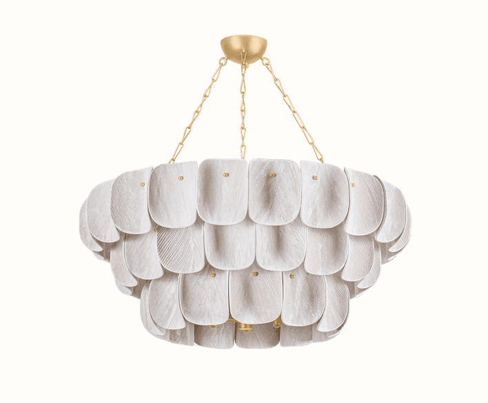 A multi-tiered chandelier featuring numerous overlapping, petal-shaped diffusers. The diffusers are… — 3D model
