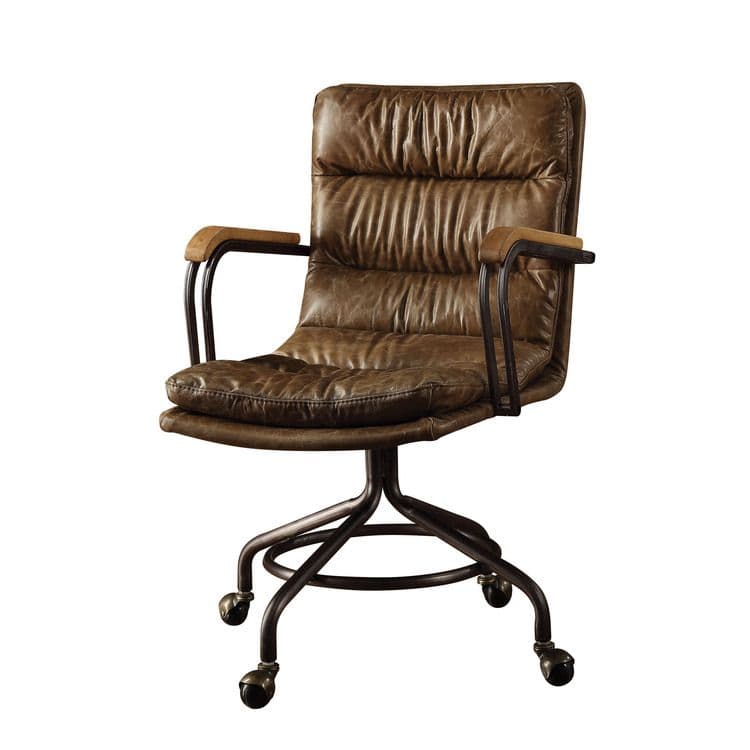 A distressed brown leather desk chair with a tufted back and seat. It features metal armrests with wooden accents and a five-star base with casters, suggesting mobility and adjustability. — 3D model