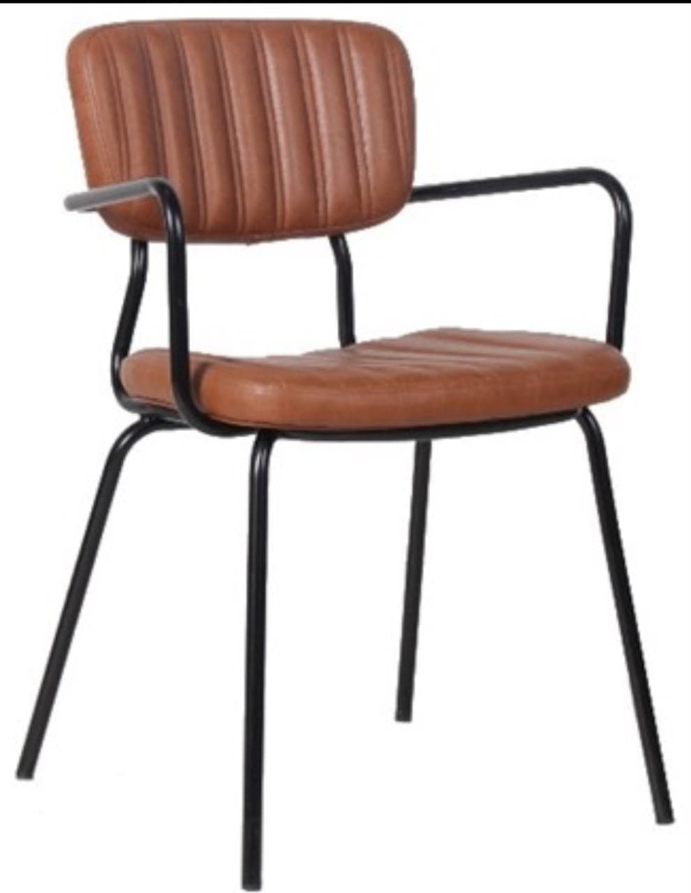 A modern industrial-style armchair featuring a channel-tufted brown faux leather upholstered seat and backrest, supported by a sleek black powder-coated metal frame. The design includes integrated armrests formed by the continuous bent metal tubing. The chair has a comfortable, ergonomic shape with a slightly reclined back, making it suitable for dining or desk use. The distinct vertical stitching on the back adds a touch of sophistication. — 3D model